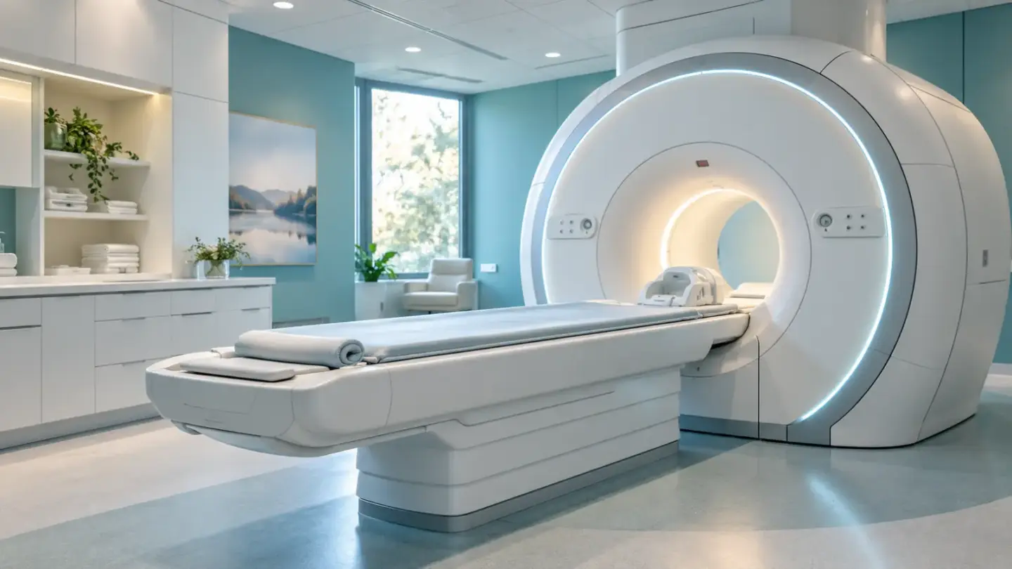 An empty fictional MRI scanner room with a patient table and soft teal lighting.