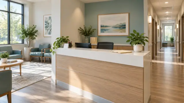 An empty fictional outpatient clinic reception with teal waiting chairs and an unmarked billing folder.