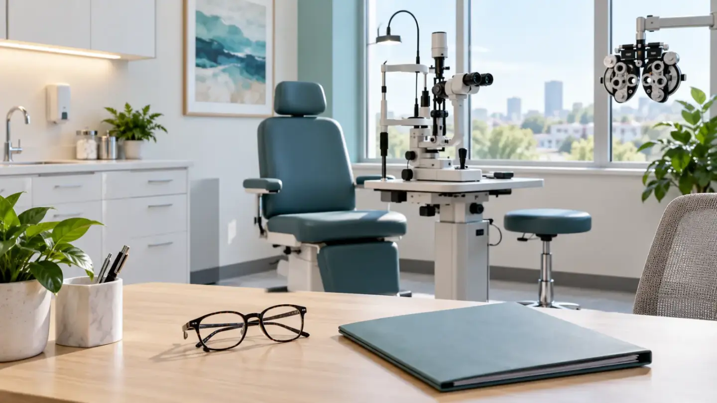 Fictional empty ophthalmology room with an eye-examination instrument, eyeglasses and a closed billing folder.