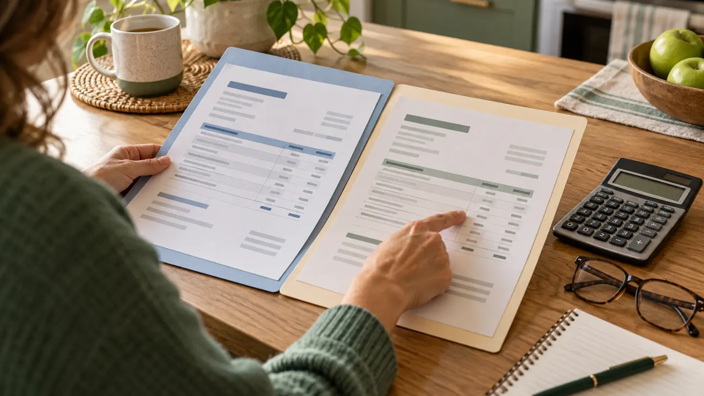 A person comparing two fictional medical statements beside organized document folders.