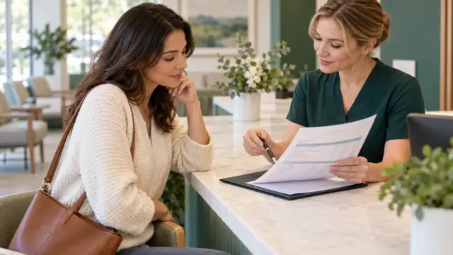 A patient and clinic administrator reviewing a fictional itemized estimate.