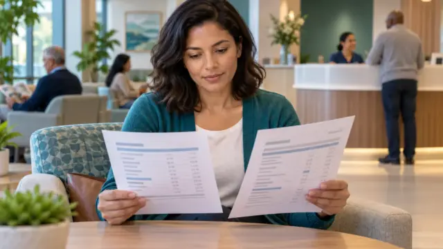 Fictional visitor comparing two estimate sheets in a hospital reception area.