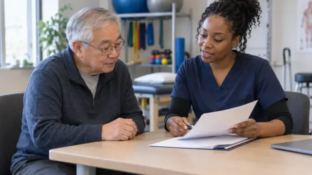 Fictional older patient and physical therapist discussing appointment paperwork in a clinic.