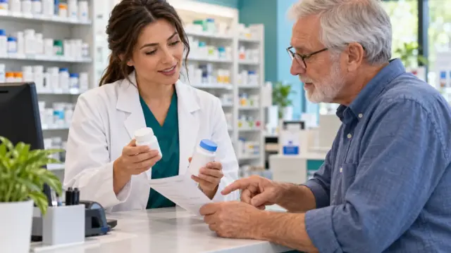 Fictional pharmacist and older customer comparing plain medicine containers and prescription-cost paperwork.