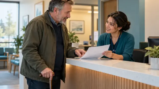 A patient discussing an estimate with a clinic receptionist.