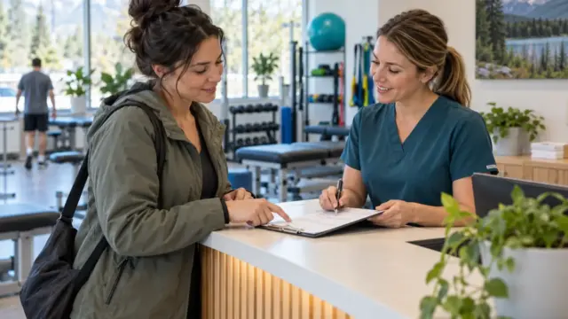 A patient discussing appointment paperwork with a physiotherapist at clinic reception.