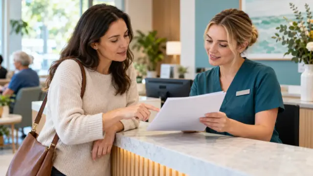 A patient discussing a written cost estimate at a hospital reception.