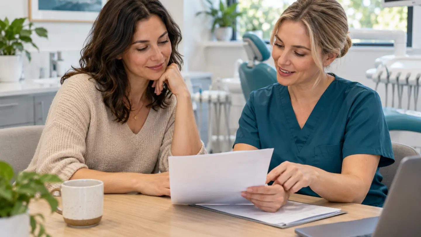 An adult reviewing a dental estimate with a clinic coordinator.