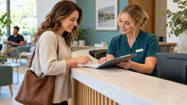 An adult checking specialist appointment paperwork at a clinic reception.