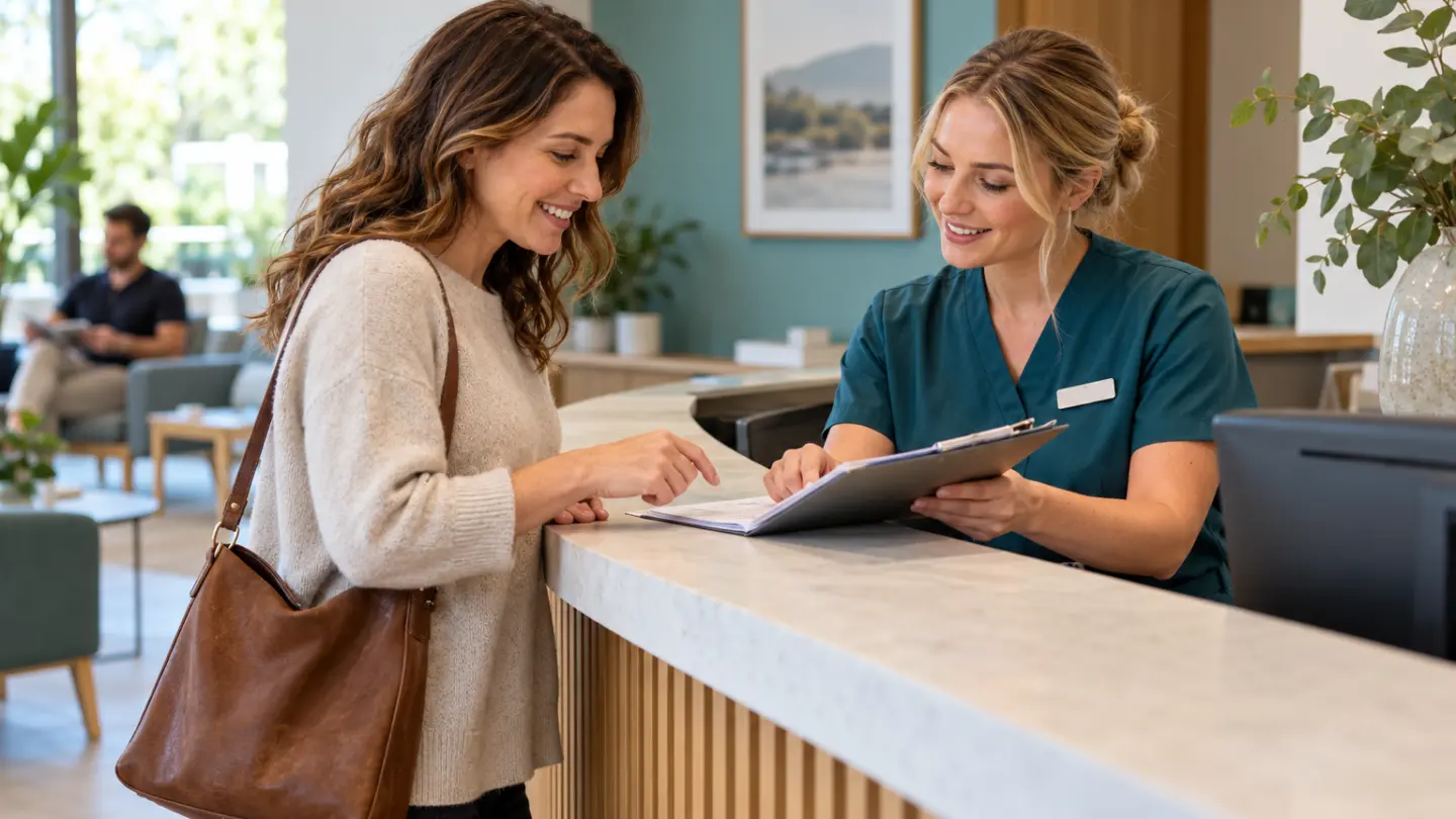 An adult checking specialist appointment paperwork at a clinic reception.