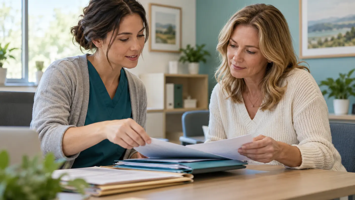 An adult organising medical records with a clinic coordinator.