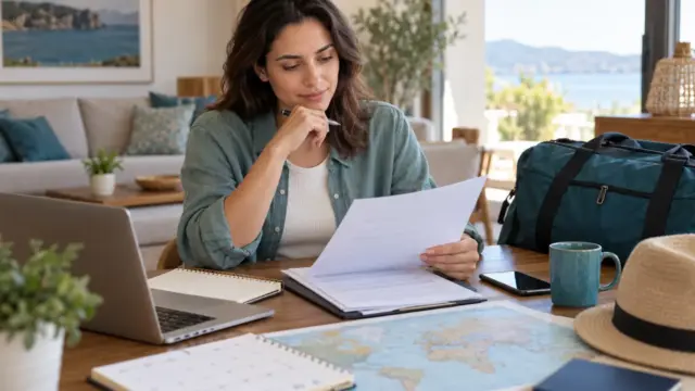An adult planning travel costs beside a bag and plain clinic paperwork.