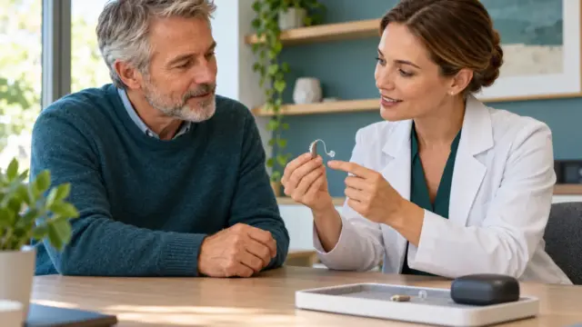 An audiology professional discussing a hearing aid with an adult.