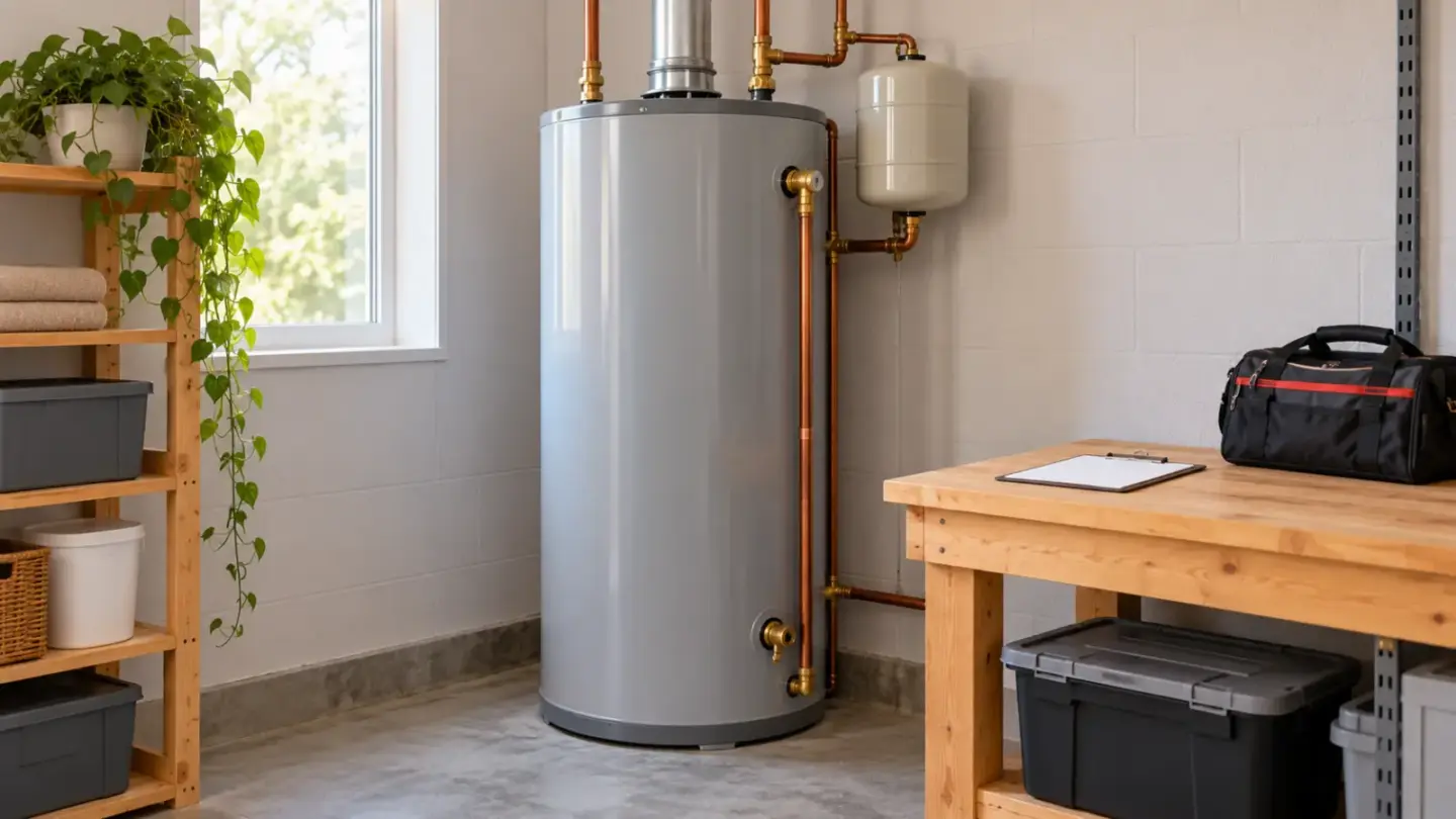 A fictional closed water heater in a tidy utility room with a contractor clipboard and tool bag; not an installation diagram.