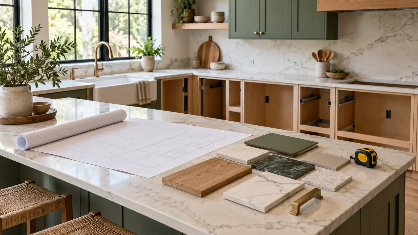 A partially renovated kitchen with cabinet samples and plans on the worktop.