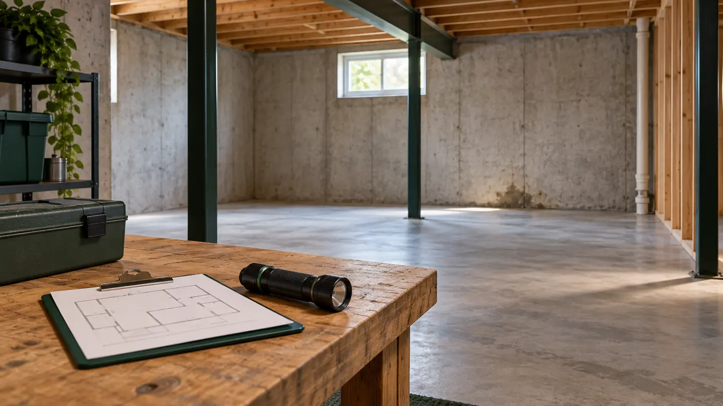 An unfinished basement with inspection notes and a flashlight on a dry workbench.