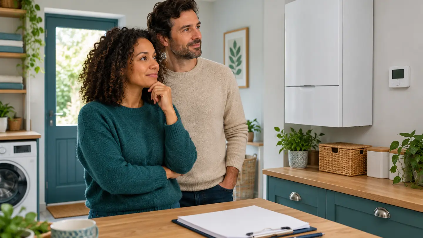 Fictional household beside a closed wall-mounted boiler with quotation paperwork.
