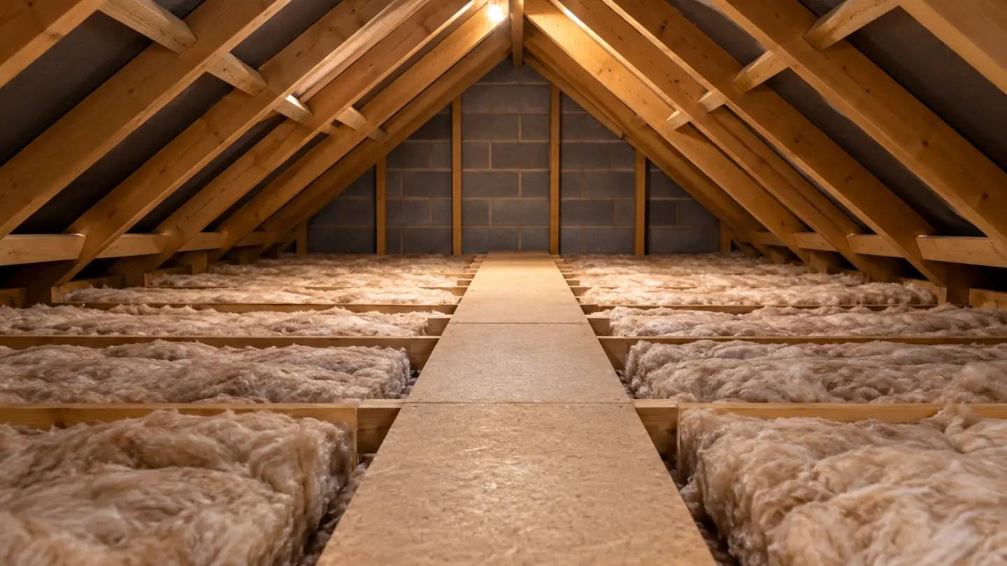 Fictional loft showing insulation between joists and a raised access walkway; not an installation diagram.