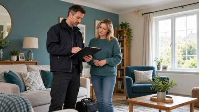 Fictional building surveyor and homeowner reviewing a clipboard report away from a small moisture stain.