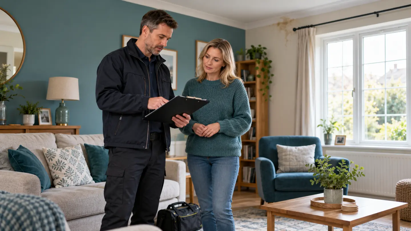 Fictional building surveyor and homeowner reviewing a clipboard report away from a small moisture stain.