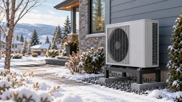Fictional Canadian home in light snow with an unbranded outdoor heat-pump unit on a raised stand.