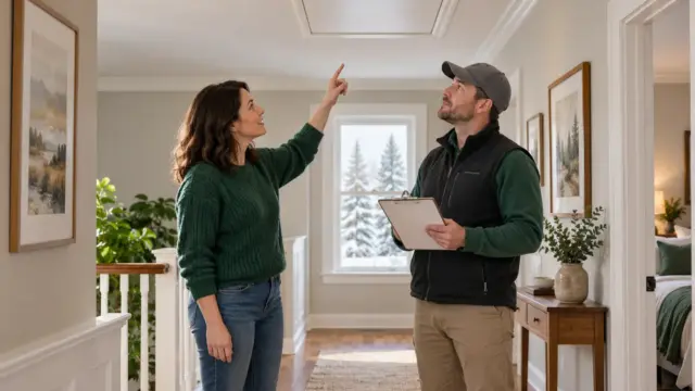 A homeowner and surveyor discussing a closed attic hatch from the hallway.