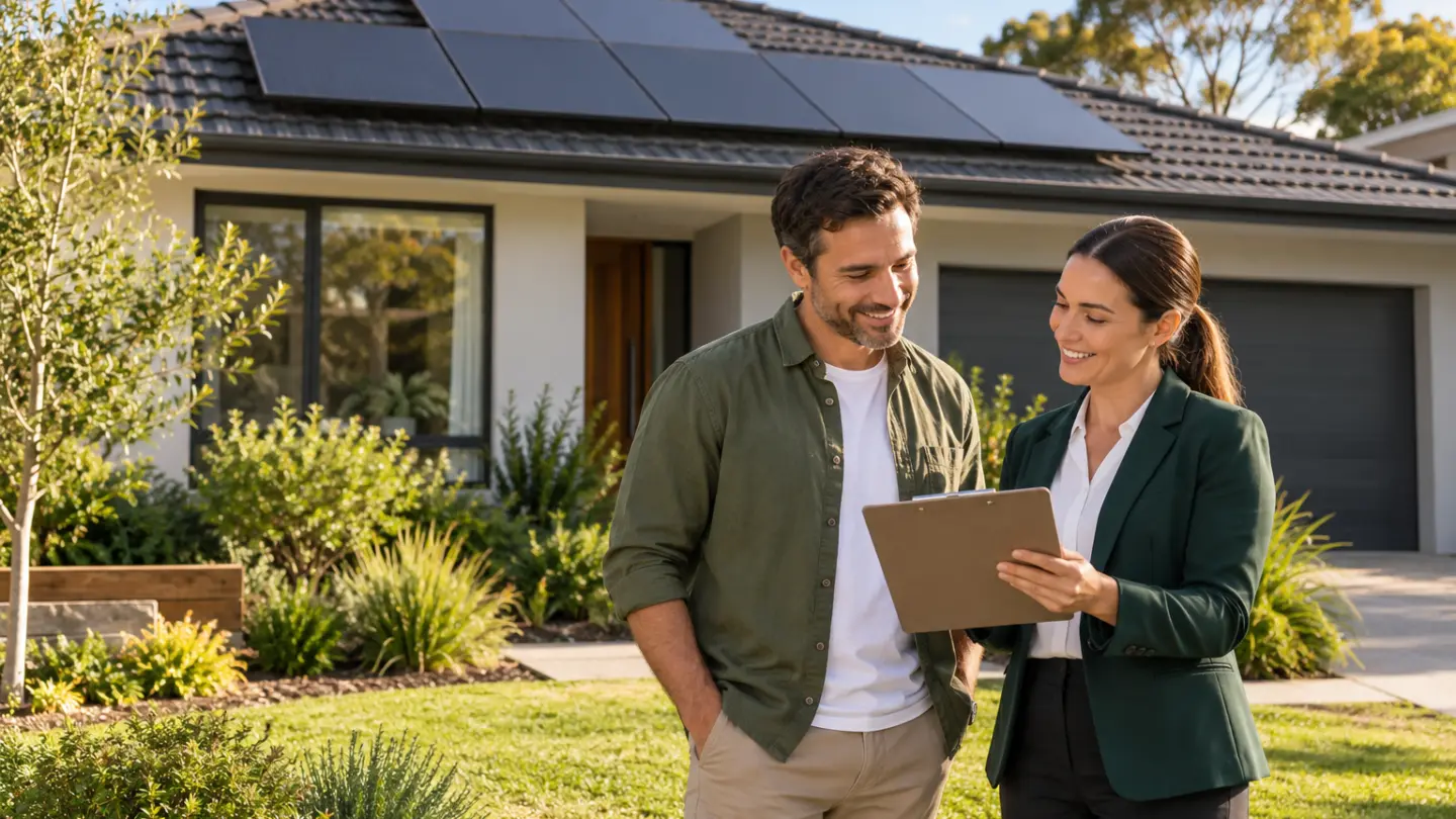 A homeowner and solar consultant discussing rooftop panels from ground level.