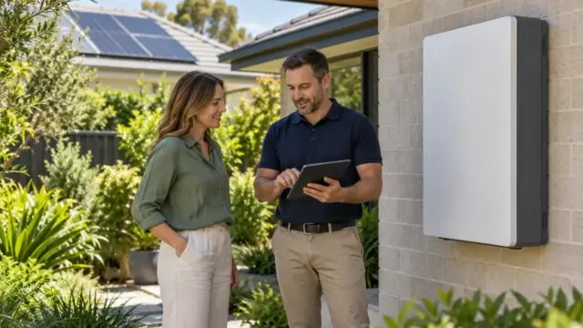 A homeowner and adviser reviewing a safely enclosed home battery from ground level.
