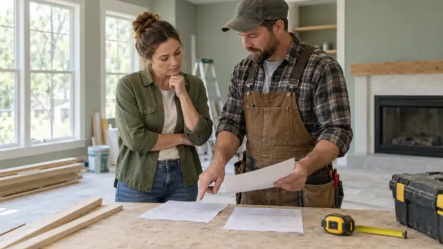 A homeowner reviewing a written project estimate with a contractor.