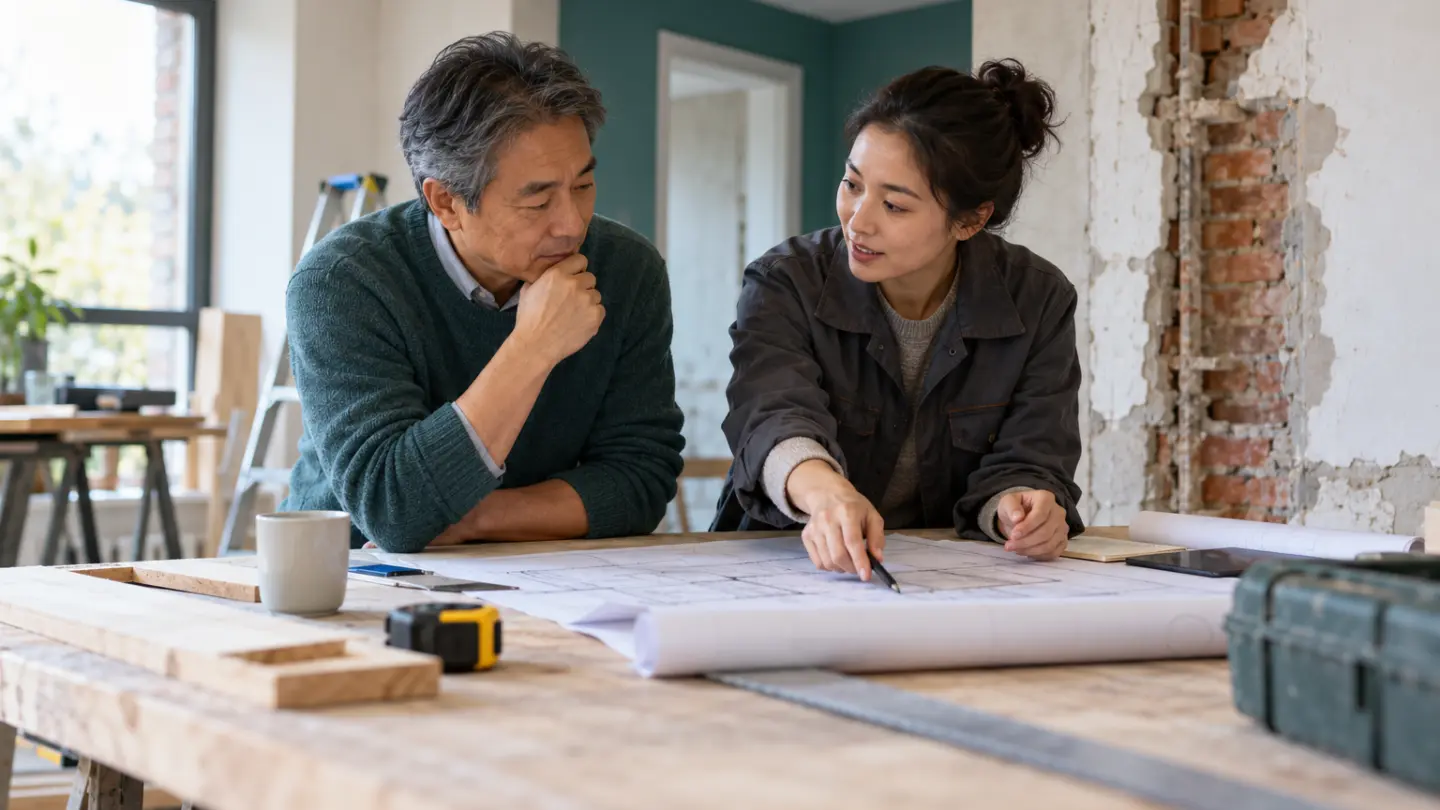A homeowner and building adviser discussing plans beside an unfinished wall.
