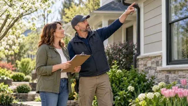 A homeowner and maintenance professional observing a house exterior from the ground.