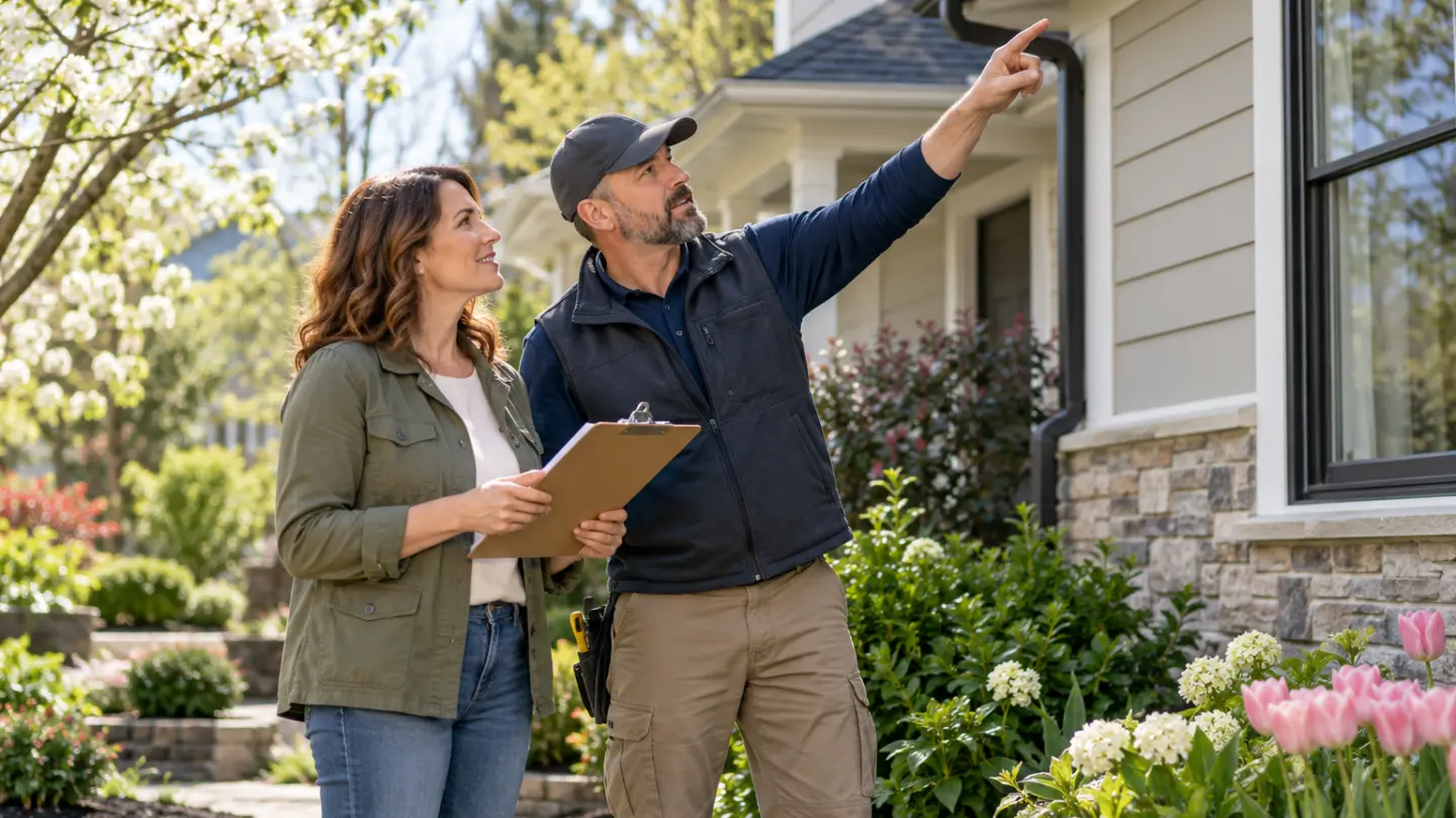 A homeowner and maintenance professional observing a house exterior from the ground.