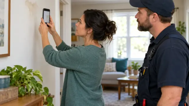 A homeowner photographing a visible wall stain while a plumber observes.