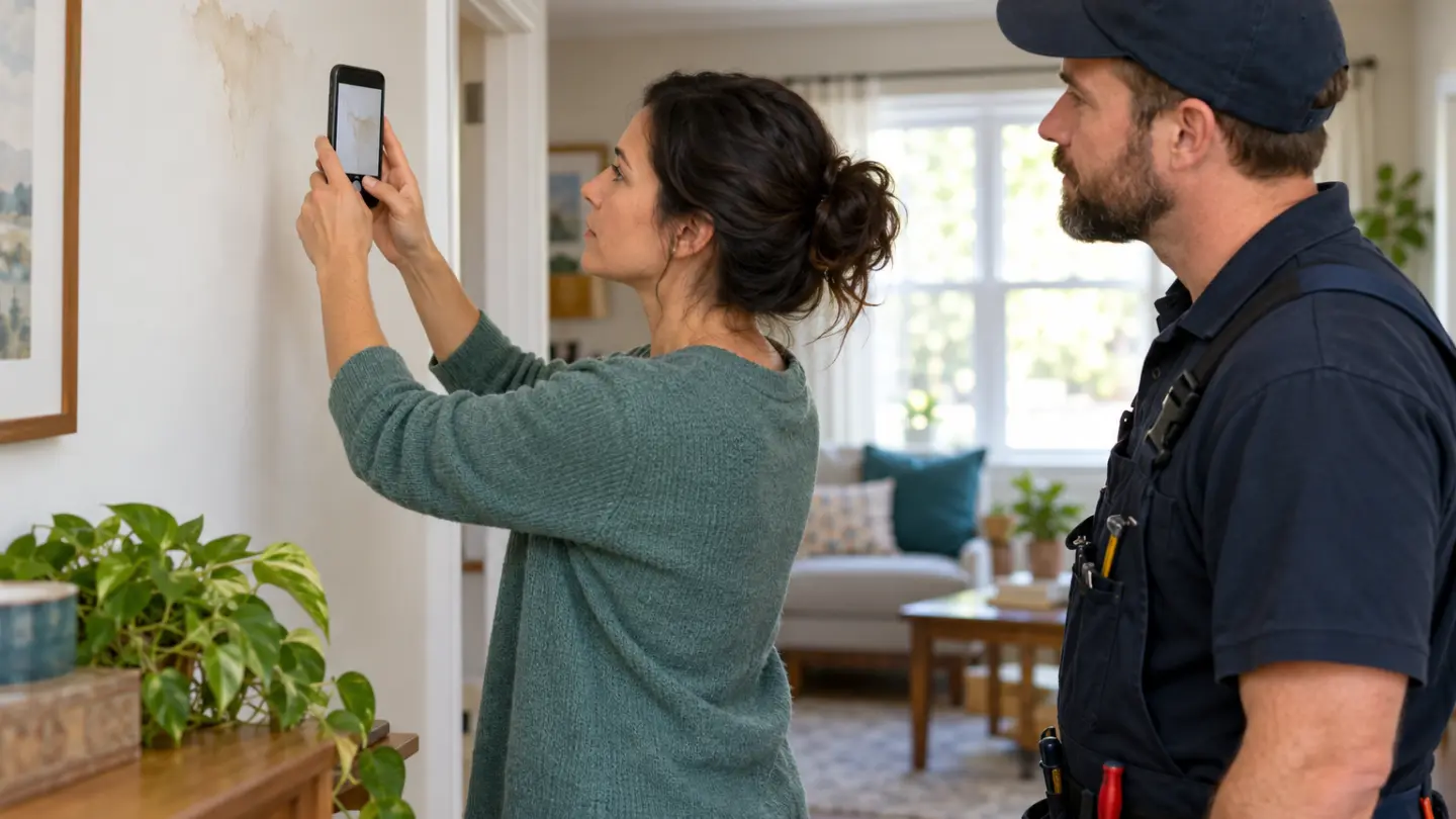 A homeowner photographing a visible wall stain while a plumber observes.