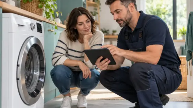 A homeowner and technician assessing an intact washing machine.