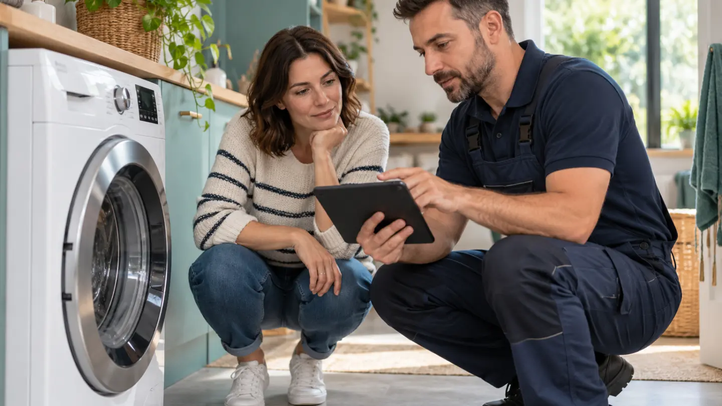 A homeowner and technician assessing an intact washing machine.