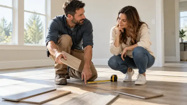 An installer and homeowner discussing flooring samples in a bright room.