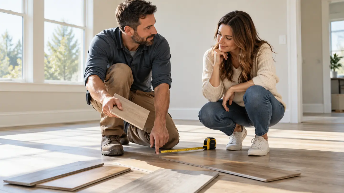 An installer and homeowner discussing flooring samples in a bright room.