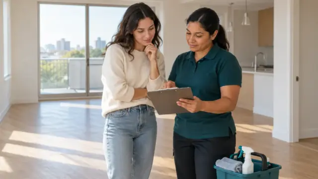 A tenant and cleaning professional reviewing an empty apartment.
