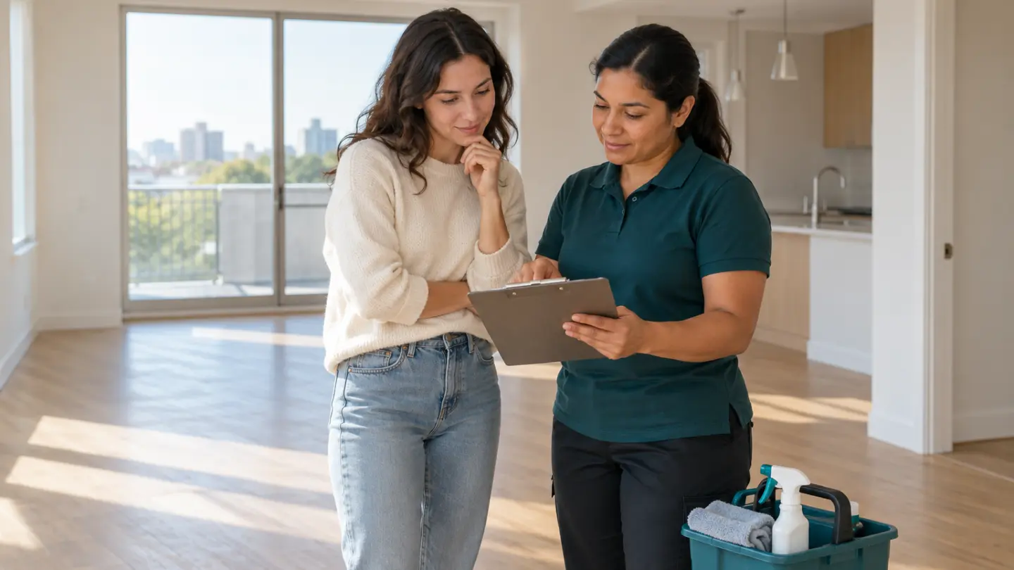 A tenant and cleaning professional reviewing an empty apartment.