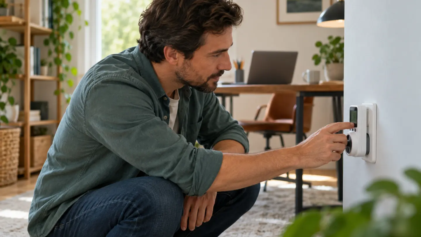 An adult checking a plug-in energy monitor in a home office.