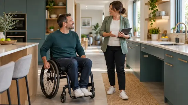 A wheelchair user discussing a kitchen layout with a home consultant.