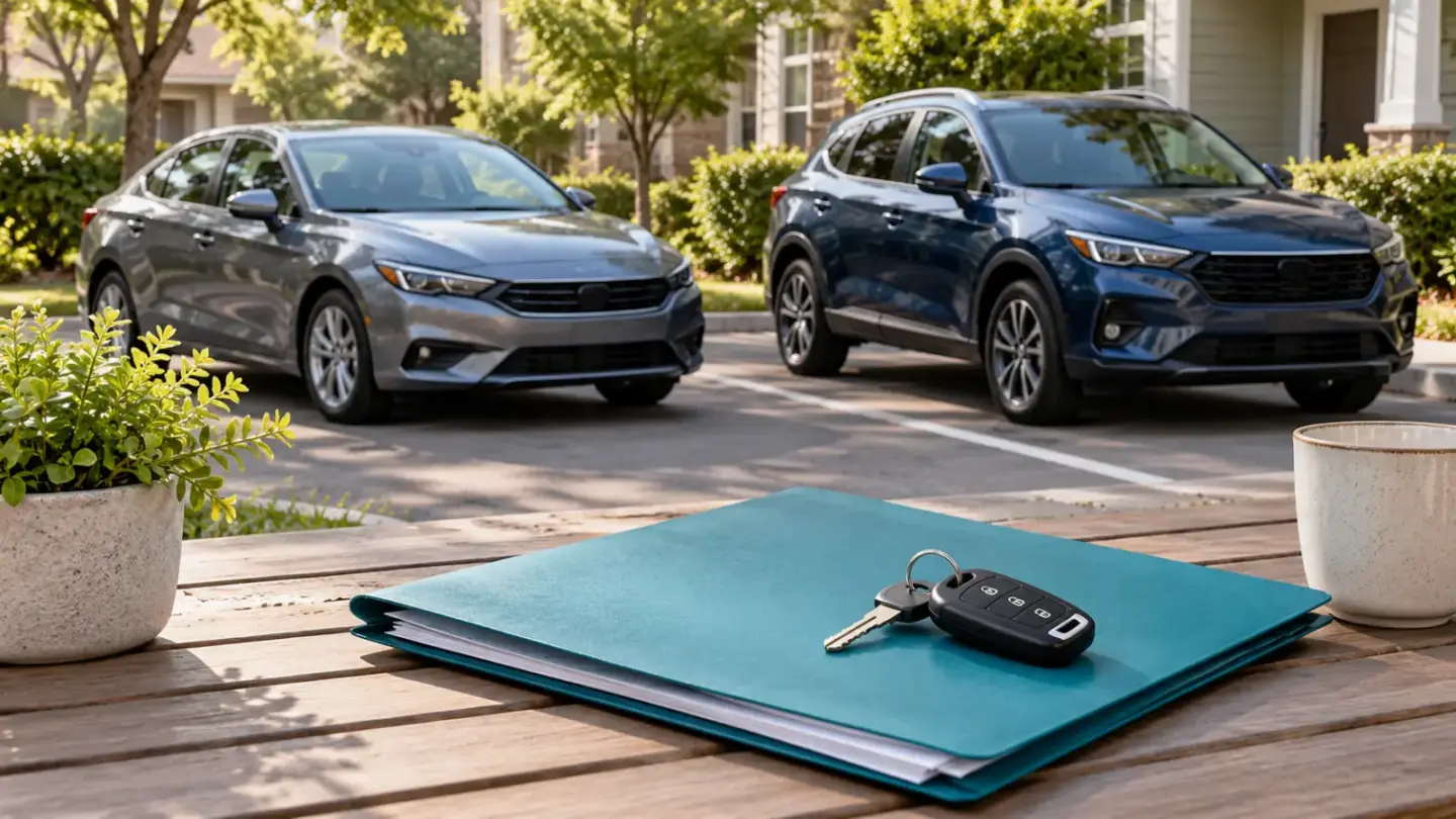 Fictional parked cars outside homes with a plain insurance folder and keys in the foreground.