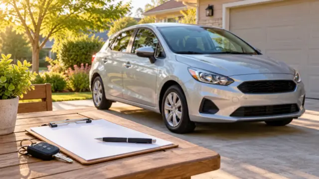 Fictional parked compact car with keys and a plain learner-practice clipboard in a quiet driveway.