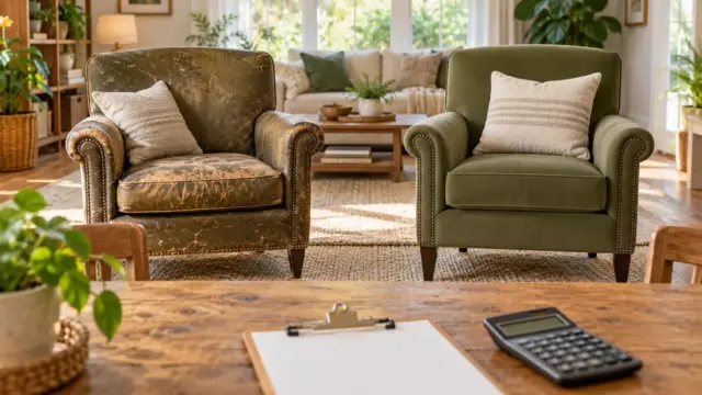 A worn armchair beside a comparable new chair, with a calculator and claim notes.