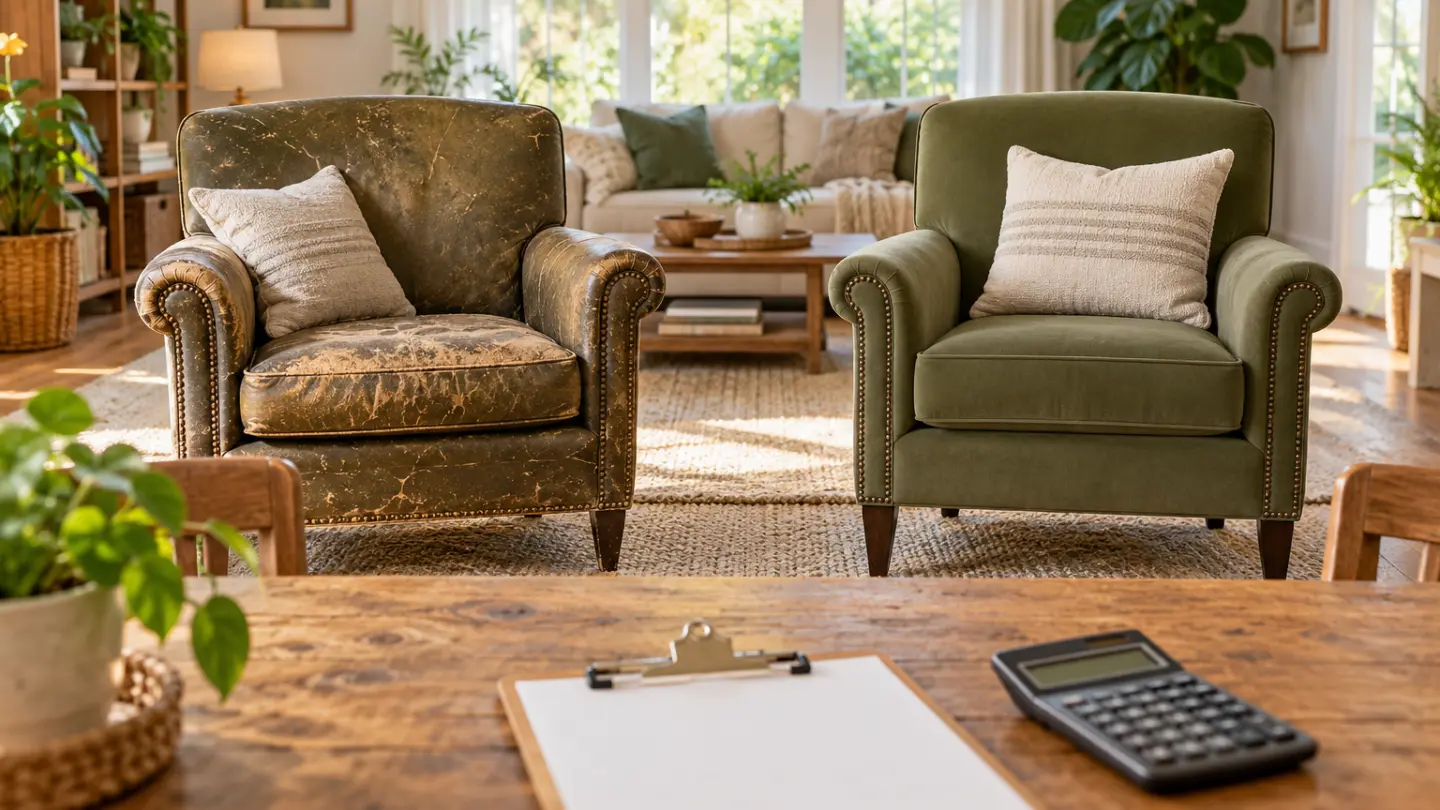 A worn armchair beside a comparable new chair, with a calculator and claim notes.