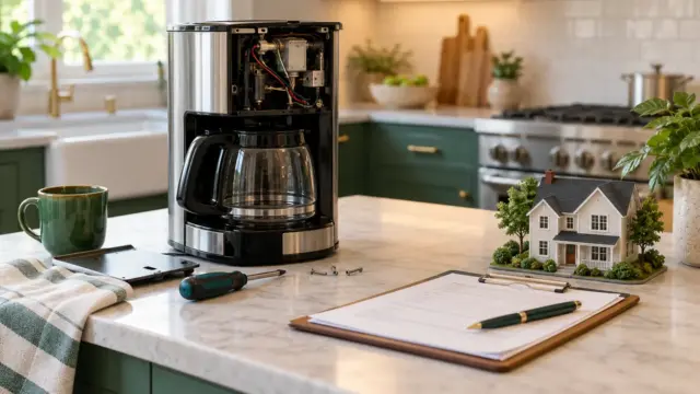 A small appliance, home model and service paperwork on a kitchen counter.