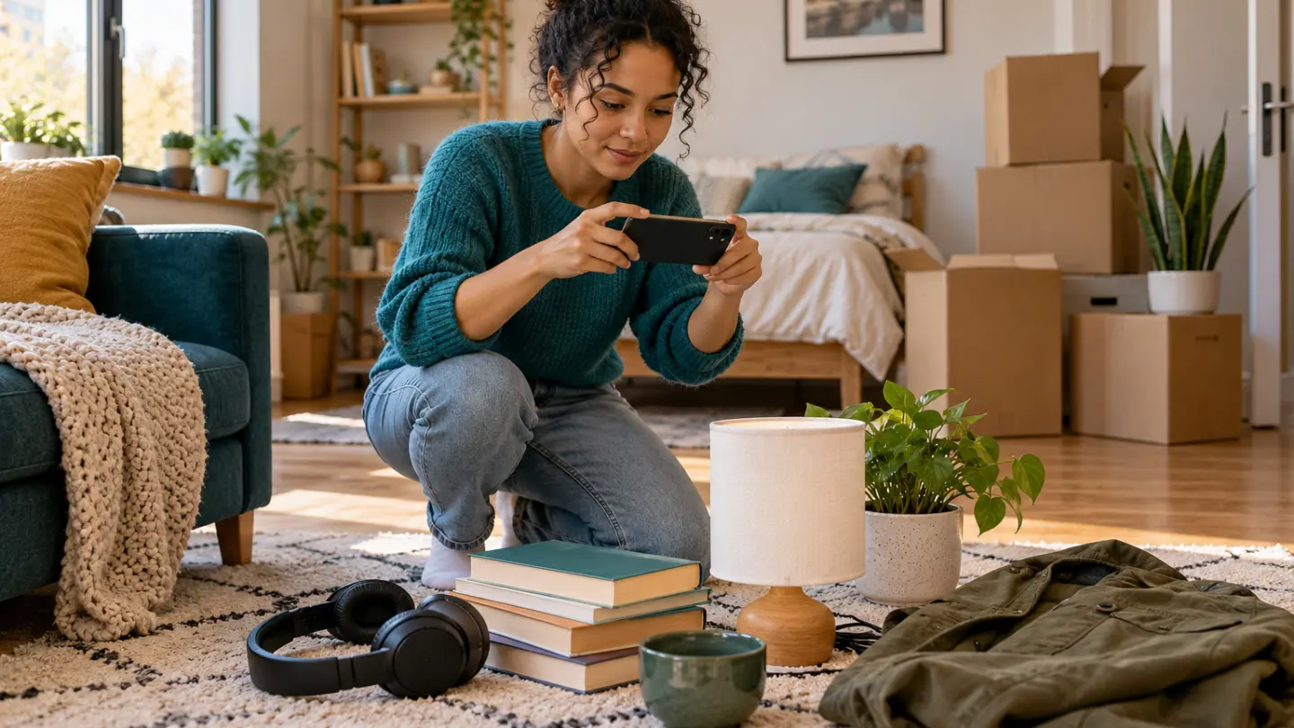 Fictional renter photographing everyday belongings for an apartment inventory.