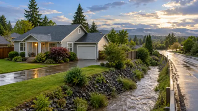 Fictional home beside a wet road after rainfall, illustrating a flood-risk review.