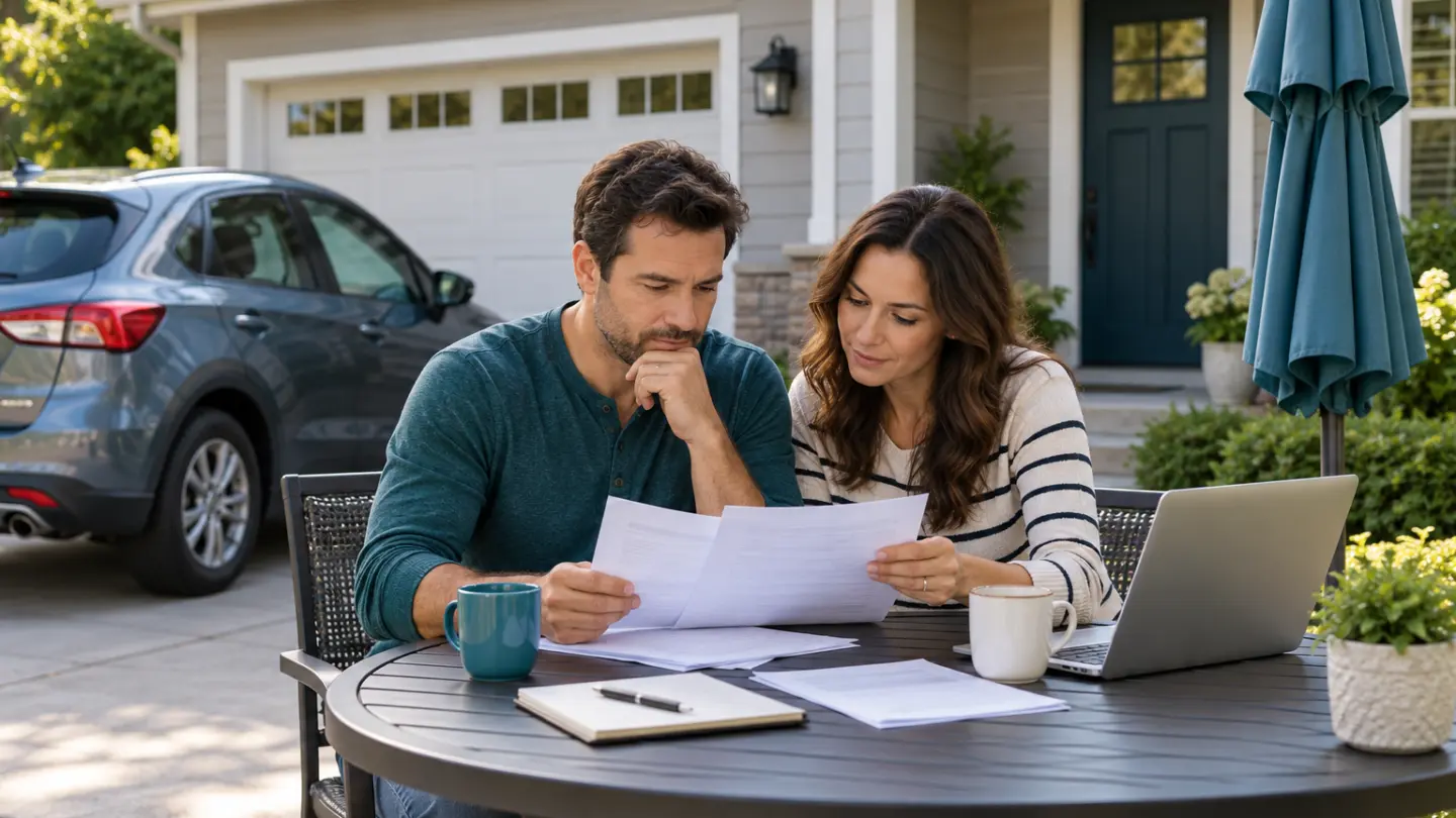 Fictional household reviewing insurance paperwork beside a home and family car.